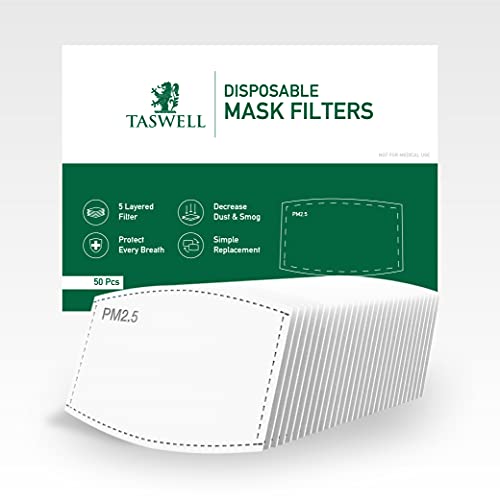 50 filtros de carbón Activado PM2.5 | Taswell | 5 Capas de filtros Desechables para revestimientos faciales en Exteriores | Polen Antipolvo