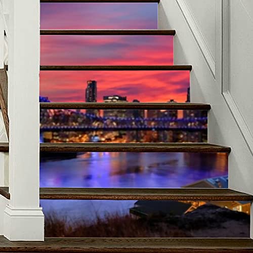 6 pegatinas para escaleras de arte moderno, puente de la historia de Brisbanes Crepúsculo, vinilo colorido para la noche, calcomanías para decoración del hogar, escaleras de bricolaje, autoadhesivas,