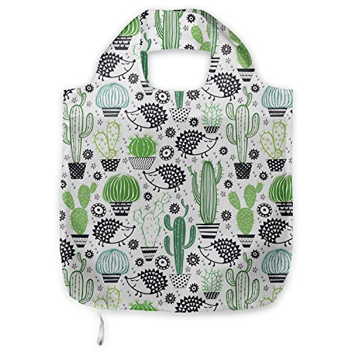 ABAKUHAUS Cactus Bolsa Reutilizable Plegable para Compras, Erizo de dibujos animados del Saguaro, de Tela con Estampa Digital Colores Durables Lavable, Multicolor