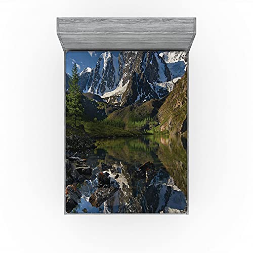 ABAKUHAUS Cordillera Sábana Elastizada, Pastoral Alpes nevados, Suave Tela Decorativa Estampada Elástico en el Borde, 180 x 200 cm, Verde Blanco