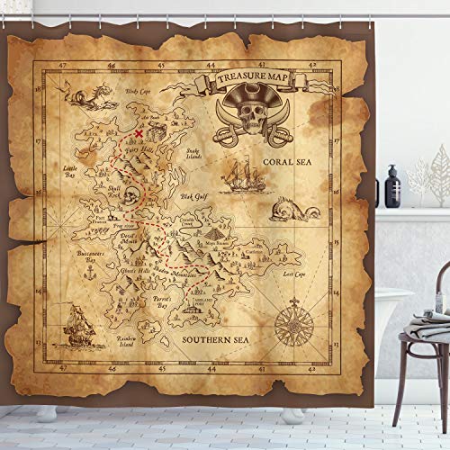 ABAKUHAUS Mapa de la Isla Cortina de Baño, Papel Viejo Mapa del Tesoro, Material Resistente al Agua Durable Estampa Digital, 175 x 200 cm, Beige Brown
