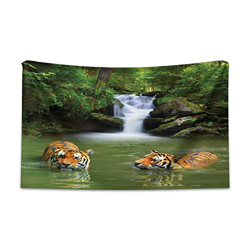 ABAKUHAUS Safari Tapiz de Pared y Cubrecama Suave, Tigres siberianos asiáticos, Objeto Decorativo Lavable, 230 x 140 cm, Reseda Verde Naranja