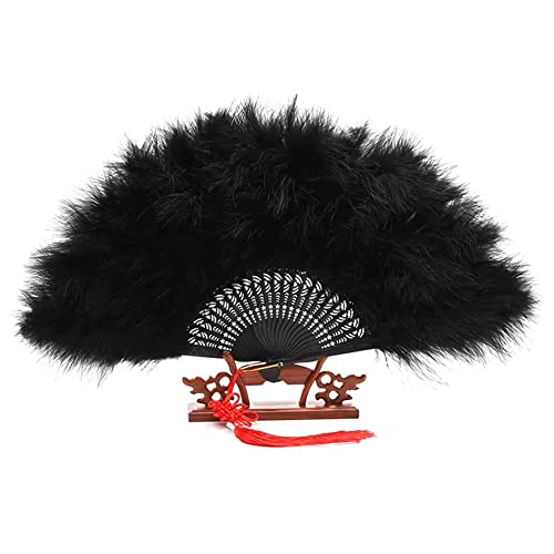 Abanico de plumas de Marabou de los años 20, plegable con plumas, ventilador de mano, para bodas, fiestas, bailes (negro)