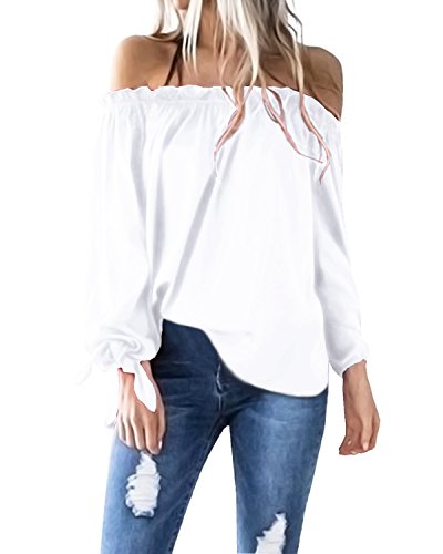ACHIOOWA Mujer Camiseta Manga Larga Sexy Hombros Descubiertos Otoño Blusa Elegante Casual Top Shirt 814413-Blanco M