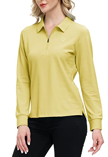 AjezMax Polo Mujer Algodón Poloshirt Manga Larga Color Sólido Golf Tops con Cremallera Amarillo Claro XL