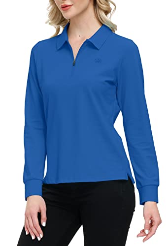 AjezMax Polo Mujer Camiseta Manga Larga Deportes Trabajo Golf Tops con Cuello Zip Lago Azul L