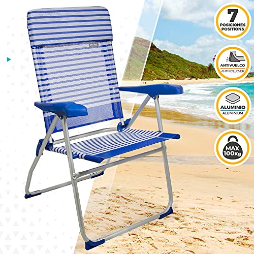 Aktive 53981 - Silla plegable de playa, Silla alta, Silla reclinable, 7 posiciones, 65x62x101 cm, altura del asiento 41,5 cm, cabecero acolchado, color azul y blanco, Aktive Beach