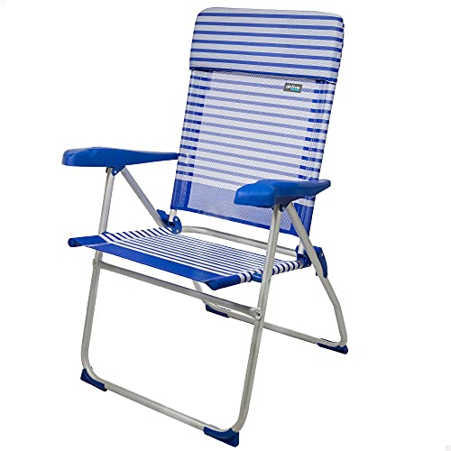 Aktive 53981 - Silla plegable de playa, Silla alta, Silla reclinable, 7 posiciones, 65x62x101 cm, altura del asiento 41,5 cm, cabecero acolchado, color azul y blanco, Aktive Beach