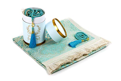 Alfombra de oración musulmana y cuentas de oración con elegante caja de regalo cilíndrica | Janamaz | Sajjadah | Alfombra de oración islámica suave | Juego de regalos islámicos | Alfombra de oración