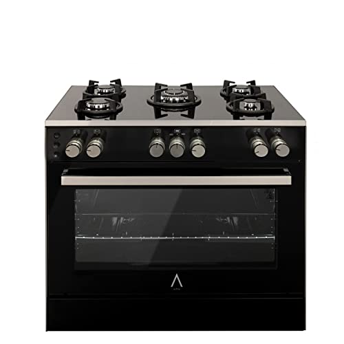ALPHA Cocina de Gas VULCANO ELITE-90 Cristal Negro. Encendido automático y temporizador en horno. **Alta Gama**