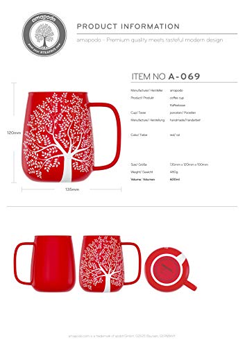 amapodo Taza de café grande – Taza de porcelana con asa 600 ml – XXL oficina taza café – Jumbo taza de café rojo – Idea de regalo para mujeres hombres
