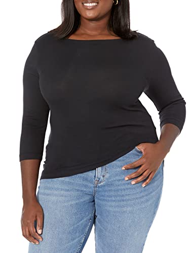 Amazon Essentials – Camiseta de cuello barco con mangas 3/4 de corte entallado para mujer, Negro, US M (EU M - L)
