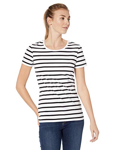 Amazon Essentials – Camiseta de manga corta con cuello redondo de corte clásico para mujer (2 unidades), Negro (White Mariner Stripe/Black), US M (EU M-L)