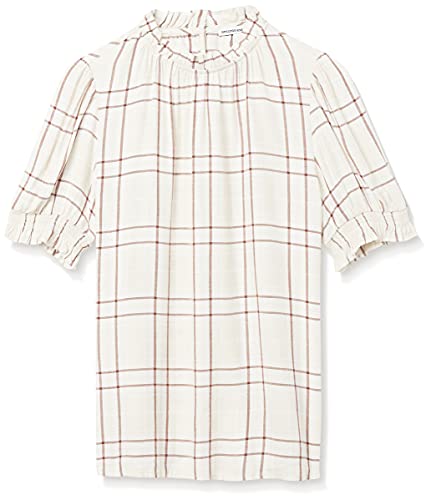 Amazon Essentials Fluid Twill Short Puff Sleeve Smock Detail Shirt Camisa, Crudo Boston Plaid, M