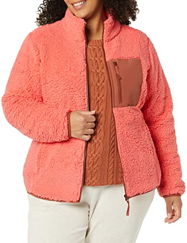 Amazon Essentials Sherpa Color Blocked Long-Sleeve Mockneck Full-Zip Jacket Chaqueta de Forro Polar, Rosa Coral/Marrón Tabaco, L