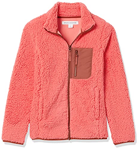 Amazon Essentials Sherpa Color Blocked Long-Sleeve Mockneck Full-Zip Jacket Chaqueta de Forro Polar, Rosa Coral/Marrón Tabaco, L