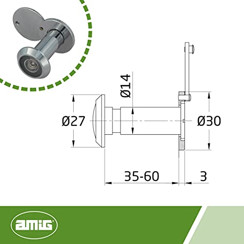 Amig - Mirilla Mod. 3 con Lente Súper Angular para Puertas Interiores y Exteriores 3-14 de Latón con Acabado Cromo Brillo (S) | Medidas - Diámetro 14 mm, Grosor de la Puerta 35-60 mm