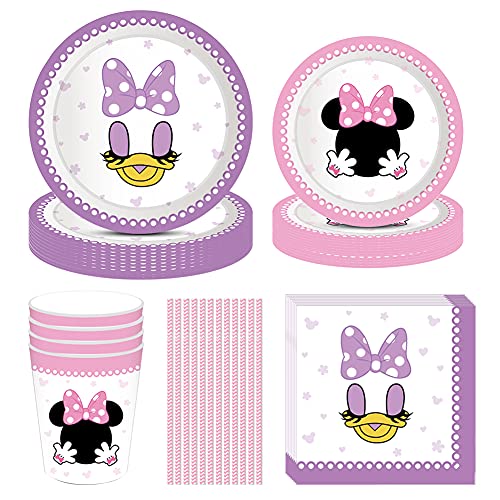 Amycute Vajilla de Cumpleaños de Niños de Minnie, 69Pcs Vajilla Set de Mickey Mouse para Cumpleaños Party Decoration Baby Shower, Incluye Platos Vasos Servilletas Pajas