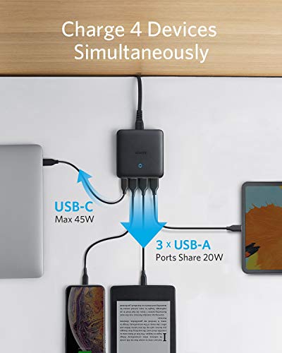 Anker PowerPort Atom III Slim USB-C - Cargador (65 W, 4 puertos, PIQ 3.0 y GaN, con entrada USB-C de 45 W, para MacBook, USB C portátiles, iPad Pro, iPhone, Galaxy, Pixel y más)