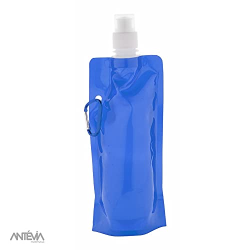 Antevia – Lote de 5 botellas de agua plegable impermeable 500 ml de PVC con mosquetón | Ideal para vacaciones | Más de 10 modelos | Color: azul, naranja, amarillo, negro y verde (Boxter)