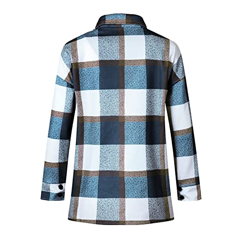 AOGOTO Camisas de franela de lana cepillada con botones y botones para mujer, azul, XXL