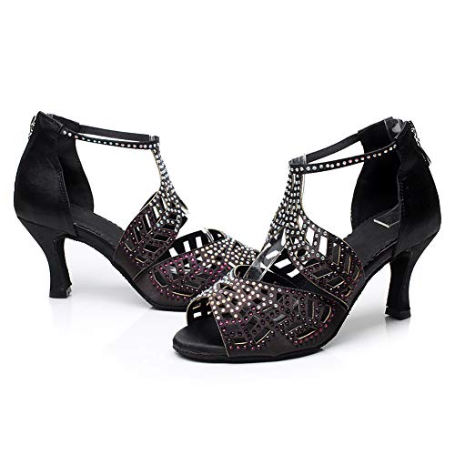 AOQUNFS Zapatos de Baile Latino Mujer Salsa Tacon Alto Zapatos de Baile Mujer Salsa y Bachata Económicos,QJW7014-Negro-6,EU 37