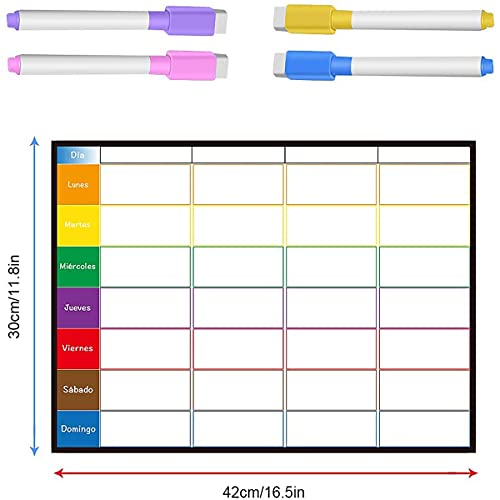 Aoweika Planificador Semanal Tablero del Frigorífico (42x30cm) con 4 Colores Pluma para Pizarra- Pizarra Magnética en Español Utilizar como Planificador de Menús/de Actividades/Tabla de Tareas
