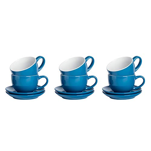 Argon Tableware 12 Piezas de Color Cappuccino y platillo Set - Estilo Moderno Porcelana té y Las Tazas de café - Azul - 250ml