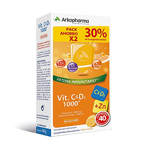Arkopharma Vitamina C&D3 + Zinc 20 Comprimidos Efervescentes X2, Asociación de vitaminas más potente del mercado, Refuerzo Sistema Inmune, Huesos, Menopausia