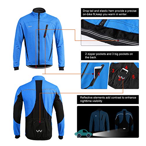 ARSUXEO Chaqueta de ciclismo Chaqueta térmica de invierno MTB para hombre Abrigo softshell para impermeable y resistente al viento 16H azul L
