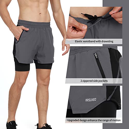 ARSUXEO Pantalones cortos deportivos 2 en 1 para hombre con 2 bolsillos con cremallera B191, Gris oscuro, Large