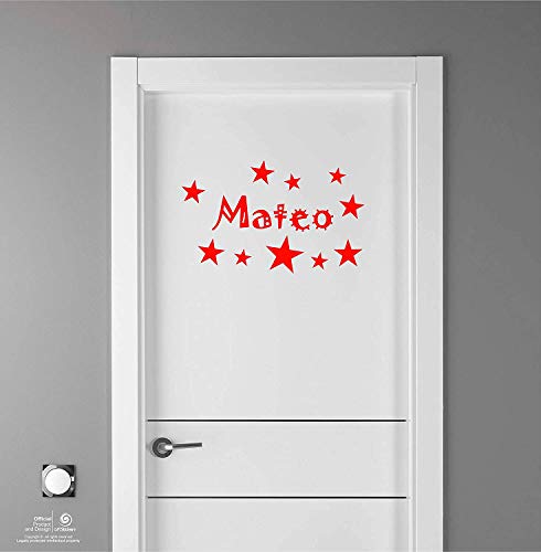Artstickers Adhesivo Infantil para decoración de Muebles, Puertas, Paredes. Nombre: Mateo, en Color Rojo Nombre de 20cm + Kit de 10 Estrellas para Libre colocación.