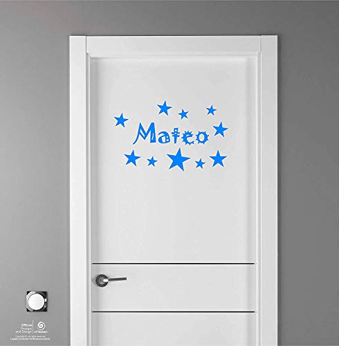 Artstickers Adhesivo Infantil para decoración de Muebles, Puertas, Paredes.Nombre: Mateo, en Color Azul Nombre de 20cm + Kit de 10 Estrellas para Libre colocación.