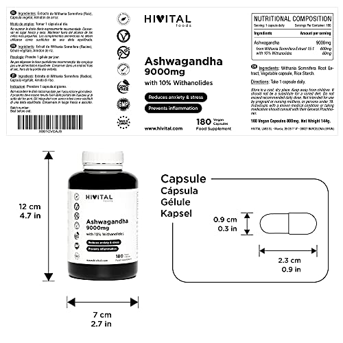 Ashwagandha 9000 mg. 180 cápsulas veganas para 6 meses. Extracto de Withania Somnifera con 10% Withanólidos. Máxima absorción al no ser polvo. Ginseng Indio para reducir el estrés y la ansiedad