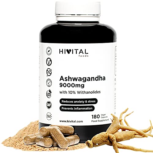 Ashwagandha 9000 mg. 180 cápsulas veganas para 6 meses. Extracto de Withania Somnifera con 10% Withanólidos. Máxima absorción al no ser polvo. Ginseng Indio para reducir el estrés y la ansiedad