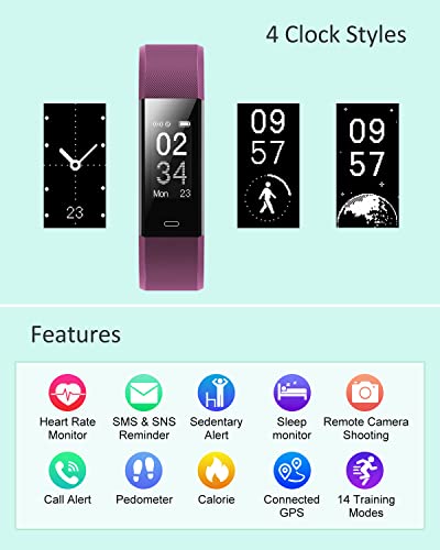 AsiaLONG Pulsera de Actividad Inteligente con Monitor de Ritmo, Podómetro, Contador de Calorías, Monitor de sueño, Reloj Deportivo Impermeable IP68 para Mujeres y Hombres (púrpura)