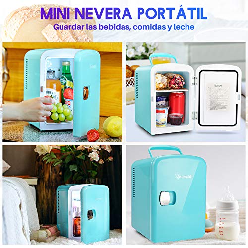 AstroAI Mini Refrigerador, Mini Nevera Portátil para el Skincare 4L 6 Latas de Refrescos, Mini Neveras 220V/12V para Enfriar y Calentar (Semi-azul y verde)