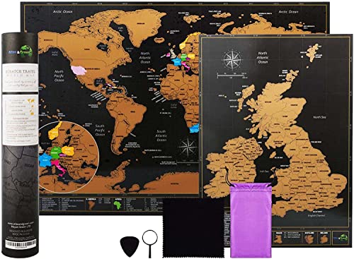 ATLAS & GREEN Mapa Mundi Rascar | Mapa del Mundo para Rascar | Mapa para Marcar Viajes | Scratch Map Rasca Mapa con Equipo de accesorios y tubo