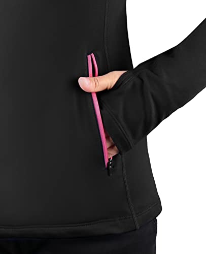 BALEAF Camiseta térmica de manga larga para mujer con media cremallera, forro polar, color negro, talla M