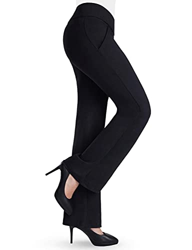 Bamans Pantalones Elegantes Mujer, Elásticos Ligeramente Acampanado Slim Pantalón para Yoga Deporte con Bolsillos Cintura Alta, Largos Casual Pantalones (Negro, Large)