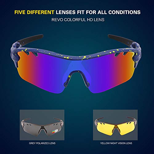 BangLong Gafas Ciclismo CE Certificación Polarizadas con 5 Lentes Intercambiables UV 400 Gafas, para Moto MTB Bicicleta Montaña Correr Pescar Esquiar TR-90