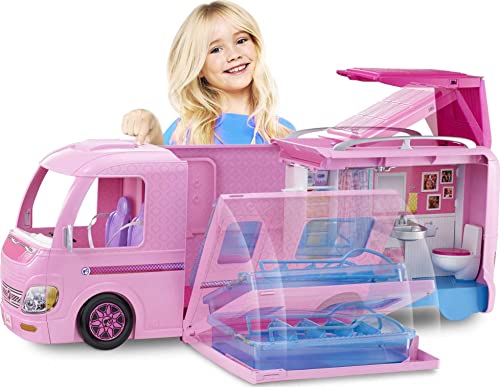 Barbie Autocaravana - Convertible - Con Piscina y Ruedas Giratorias - Muñecas no Incluidas - Espacio de Juego: 60 cm - Regalo para Niños de 3+ Años