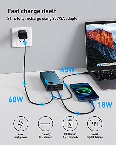 Baseus Power Bank, Cargador Portátil USB C de 65W 20000mAh, Paquete de Batería de Carga Rápida PD3.0 QC4.0 con Pantalla LED para iPhone 12 11 XS Samsung S20 Macbook iPad Pro Nintendo Switch