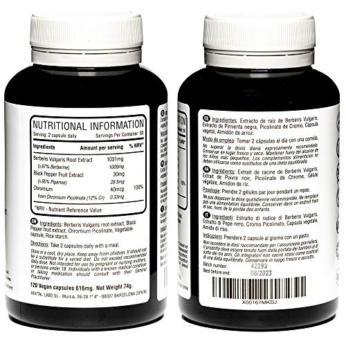 Berberina 1000 mg | 120 cápsulas veganas | Con Cromo y Pimienta Negra para una mejor absorción | El mejor extracto concentrado de Berberis Vulgaris | Fabricado en España por HIVITAL