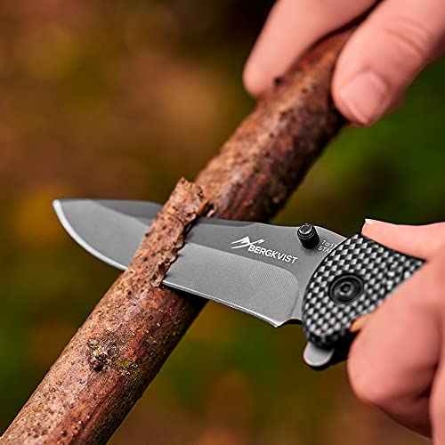 BERGKVIST K39 Waldholz Cuchillo plegable en edición madera del bosque - navaja de bolsillo 3 en 1 con rompecristales y cortacinturones para exteriores, caza y supervivencia