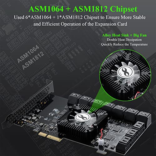 BEYIMEI PCI-E 4X SATA 20 Puertos Multiplicador Card, 6 Gbit/s Tarjeta de Expansión PCIE SATA 3.0 con 20 Cable SATA, Tarjeta Controladora SATA para Windows XP/Vista/7/8/10/Linux (ASM1064 + ASM1812)