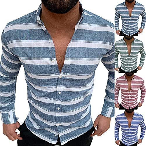 Binggong Camisa de manga larga para hombre, diseño de rayas, con solapa, manga larga, corte regular, camisa de trabajo, ropa deportiva básica, camisa de playa