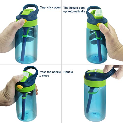 Bioasis Botella de Agua para niños de 480 ml, botella para niños a partir de 36 meses, sin BPA, Tazas para niños aisladas de derrames con Pajita para Viajes Escolares, Azul