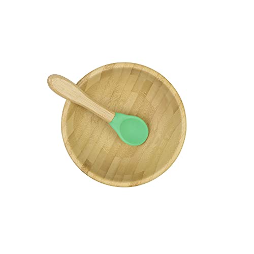 BIOZOYG Juego de bols de bambú Redondo I Bol con Ventosa y Cuchara - Certificado FSC I Bol Madera de bambú para niños - Tazón de Papilla y de Cereales para bebés I Vajilla de bambú Redonda Verde