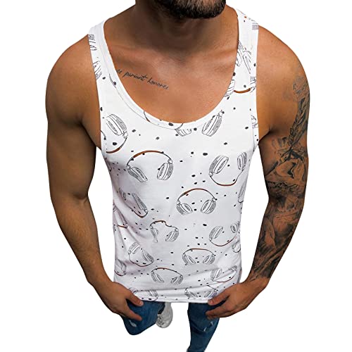 Blouse Men's Spring Summer Top Casual Printed Sleeveless T-Shirt Top Casual Fashion O Neck Tank Tops Sleeveless Fitness Men Tank Tops  (White, XL)